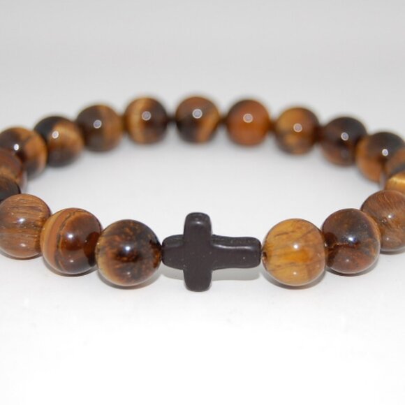 Cross Bracelet,Tiger Eye Bracelet,Cross Tiger Eye Bracelet,8mm Tiger Eye Beads - Picture 1 of 2